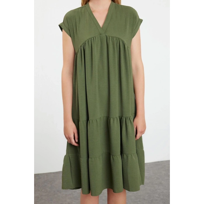Women Fashion Stylish Midi Length V Neck Regular Plain Wide Cut Skirt Flounce Aerobin Woven Dress