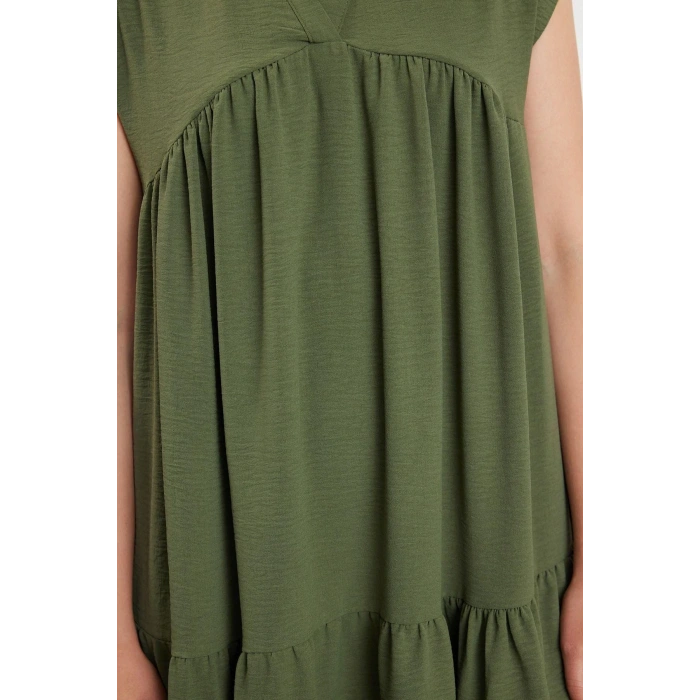Women Fashion Stylish Midi Length V Neck Regular Plain Wide Cut Skirt Flounce Aerobin Woven Dress