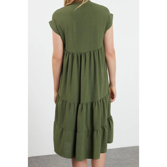 Women Fashion Stylish Midi Length V Neck Regular Plain Wide Cut Skirt Flounce Aerobin Woven Dress