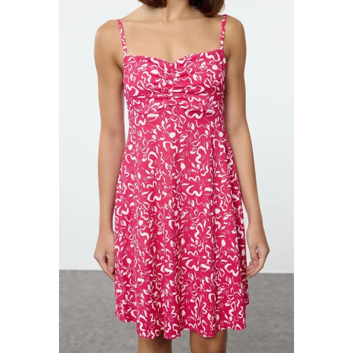 Womens Fashion Mini Length Heart Neck Regular Floral Pattern Textured Strappy Gathered Detailed Flexible Knitted Dress