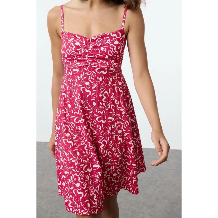 Womens Fashion Mini Length Heart Neck Regular Floral Pattern Textured Strappy Gathered Detailed Flexible Knitted Dress
