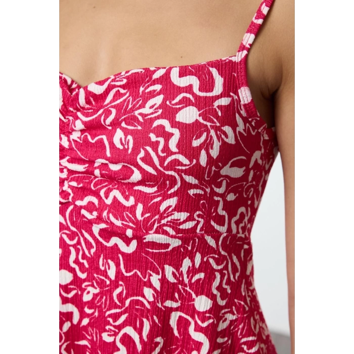 Womens Fashion Mini Length Heart Neck Regular Floral Pattern Textured Strappy Gathered Detailed Flexible Knitted Dress