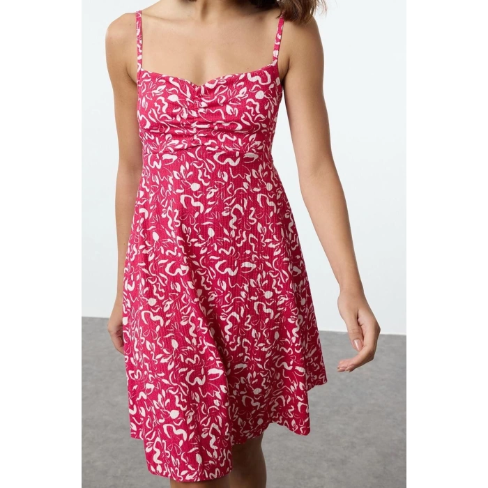 Womens Fashion Mini Length Heart Neck Regular Floral Pattern Textured Strappy Gathered Detailed Flexible Knitted Dress