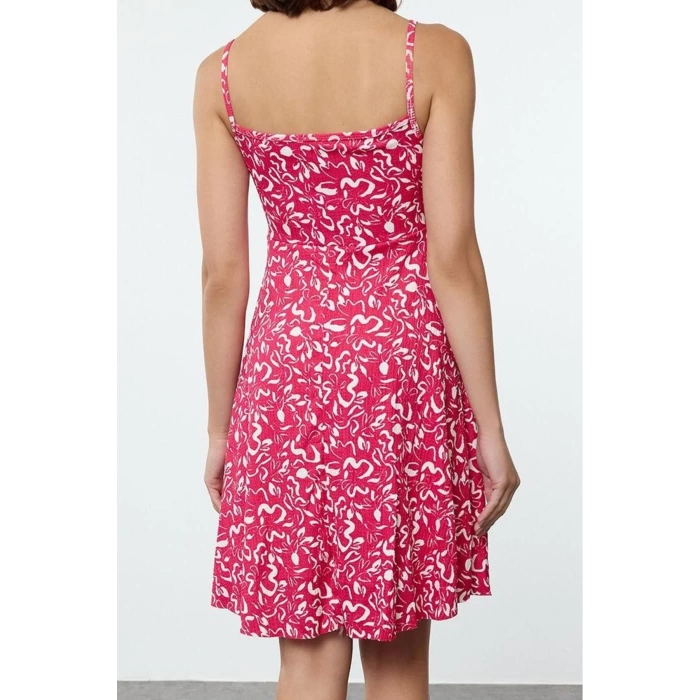 Womens Fashion Mini Length Heart Neck Regular Floral Pattern Textured Strappy Gathered Detailed Flexible Knitted Dress