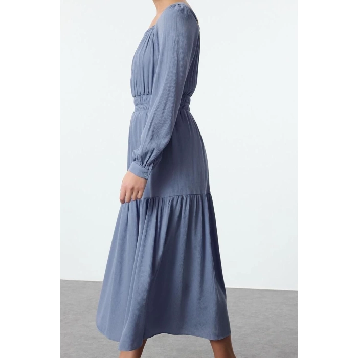 Kadın Moda Şık Midi Boy Kare Yaka Regular Eteği Belden Açılan Astarlı Dokuma Elbise