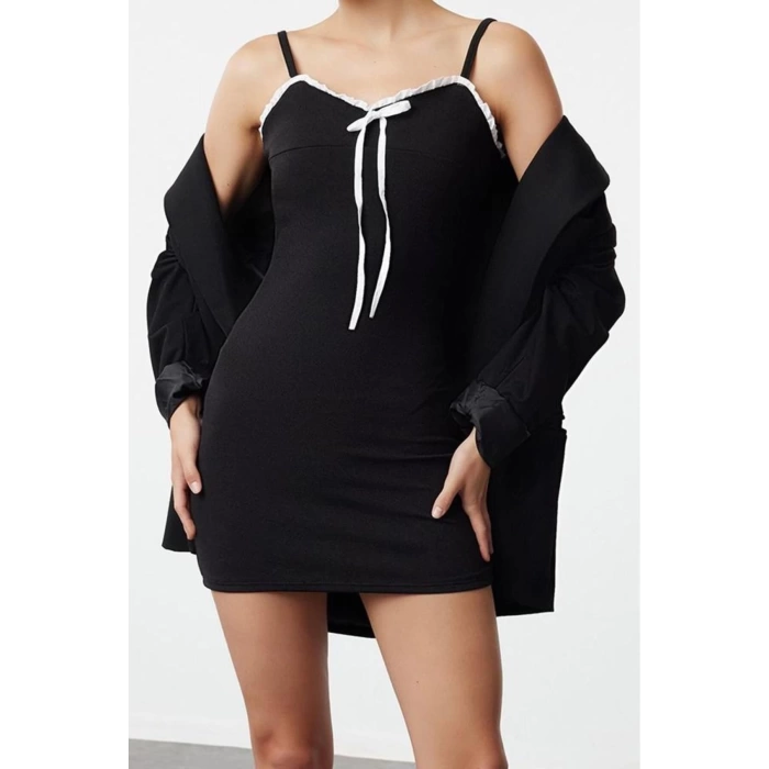 Womens Fashion Mini Length Square Neck Slim Color Block Bow Detail Bodycone Fitted Knit Dress