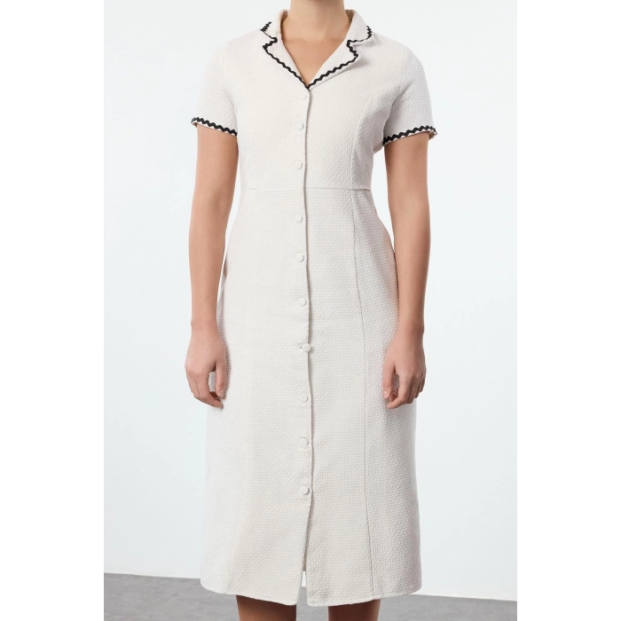 Womens Fashion Stylish Midi Length Jacket Collar Regular Accessory Detailed Tweed Woven Winter Shirt Dress