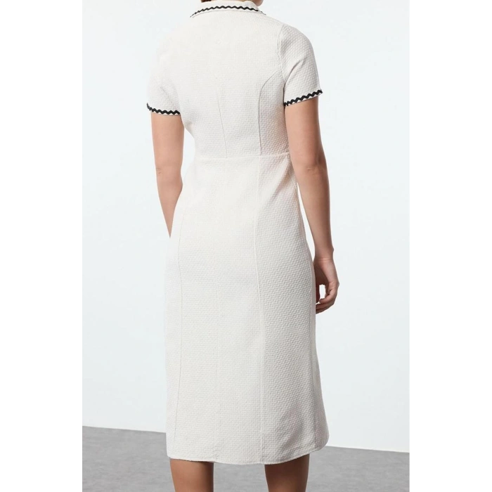 Womens Fashion Stylish Midi Length Jacket Collar Regular Accessory Detailed Tweed Woven Winter Shirt Dress