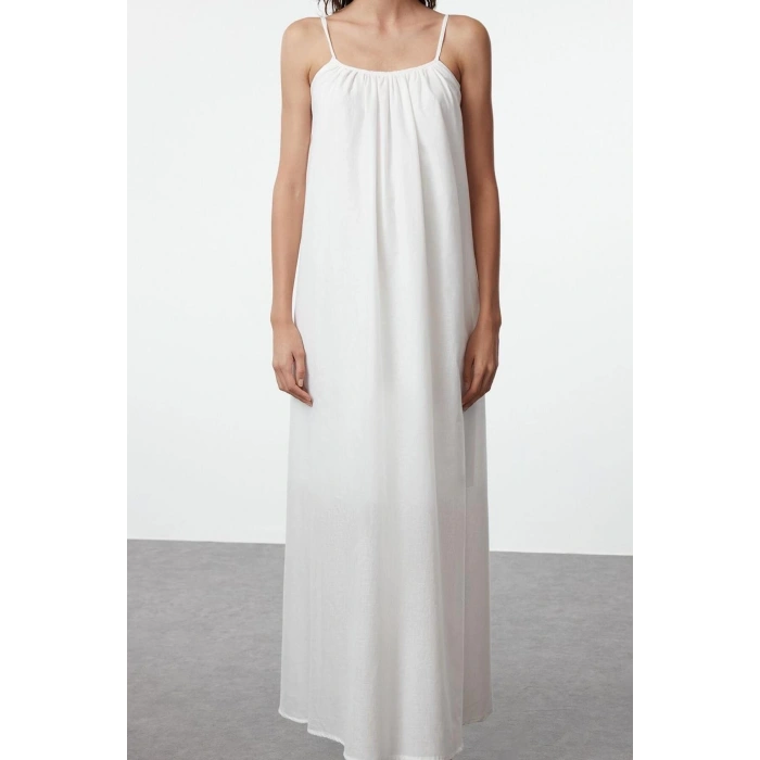 Women Fashion Stylish Maxi Length U Neck Regular Comfortable Wide Cut Plain Back Low Cut Woven Dress