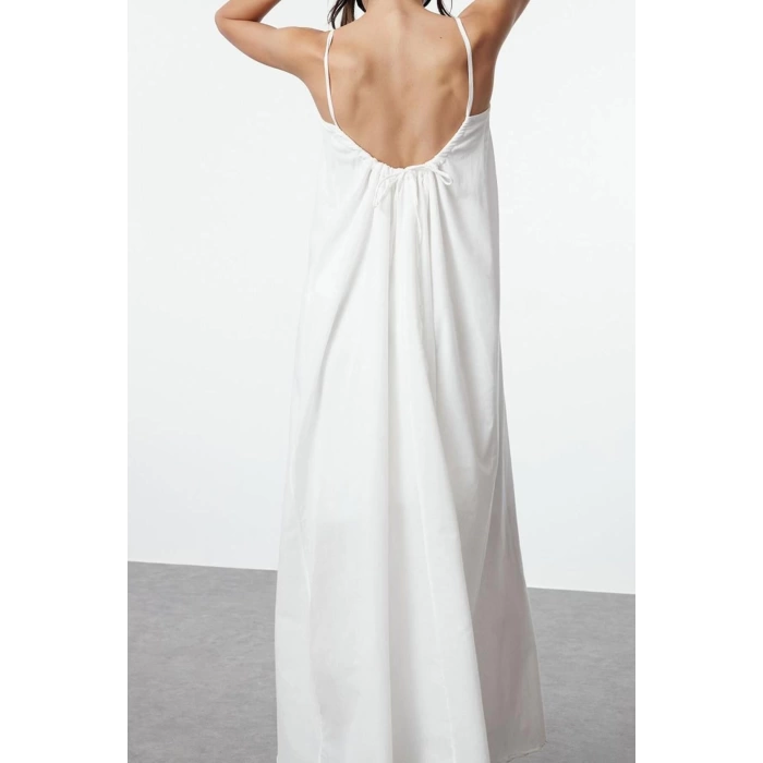 Women Fashion Stylish Maxi Length U Neck Regular Comfortable Wide Cut Plain Back Low Cut Woven Dress