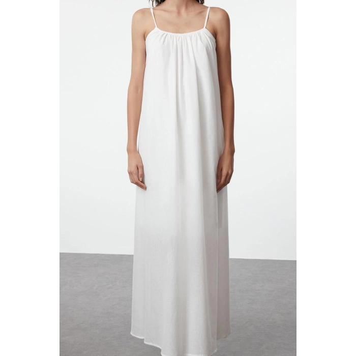 Women Fashion Stylish Maxi Length U Neck Regular Comfortable Wide Cut Plain Back Low Cut Woven Dress