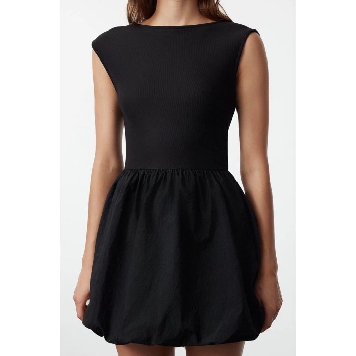 Kadın Moda Şık Mini Boy Kayık Yaka Slim Balon Etekli Paraşüt Kumaş Dokuma Elbise