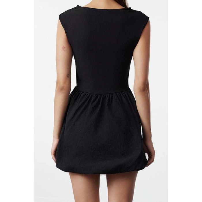 Kadın Moda Şık Mini Boy Kayık Yaka Slim Balon Etekli Paraşüt Kumaş Dokuma Elbise