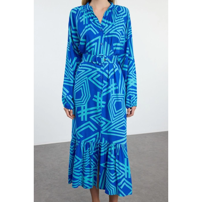 Women Fashion Stylish Midi Length Shirt Collar Regular Belted Geometric Patterned Woven Shirt Dress