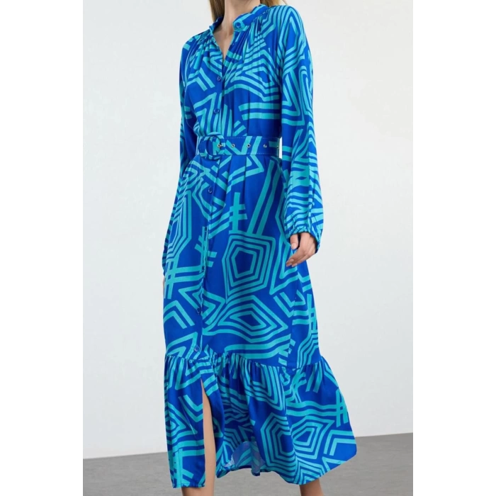Women Fashion Stylish Midi Length Shirt Collar Regular Belted Geometric Patterned Woven Shirt Dress