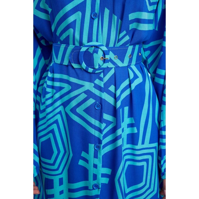 Women Fashion Stylish Midi Length Shirt Collar Regular Belted Geometric Patterned Woven Shirt Dress