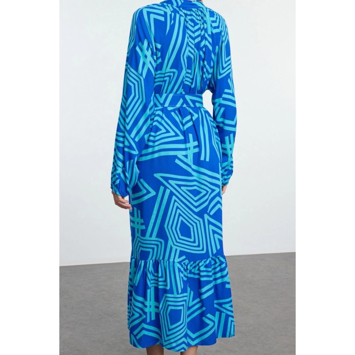Women Fashion Stylish Midi Length Shirt Collar Regular Belted Geometric Patterned Woven Shirt Dress