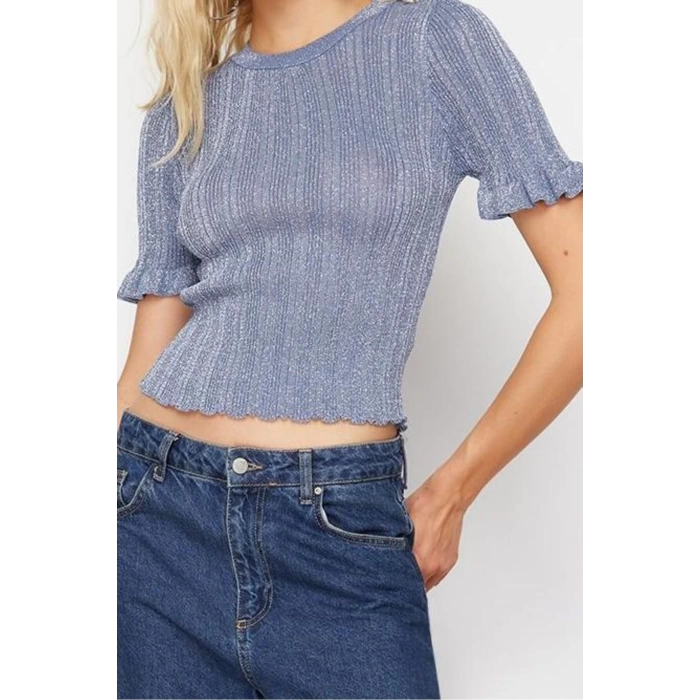 Womens Fashion Stylish Crew Neck Standard Sleeve Regular Glittery Sleeve Detailed T-Shirt Look Knitwear Sweater