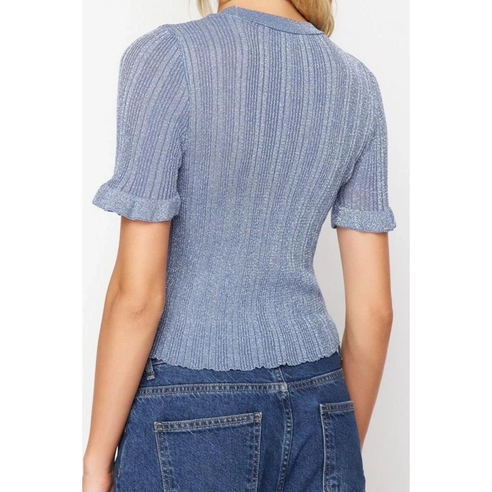 Womens Fashion Stylish Crew Neck Standard Sleeve Regular Glittery Sleeve Detailed T-Shirt Look Knitwear Sweater