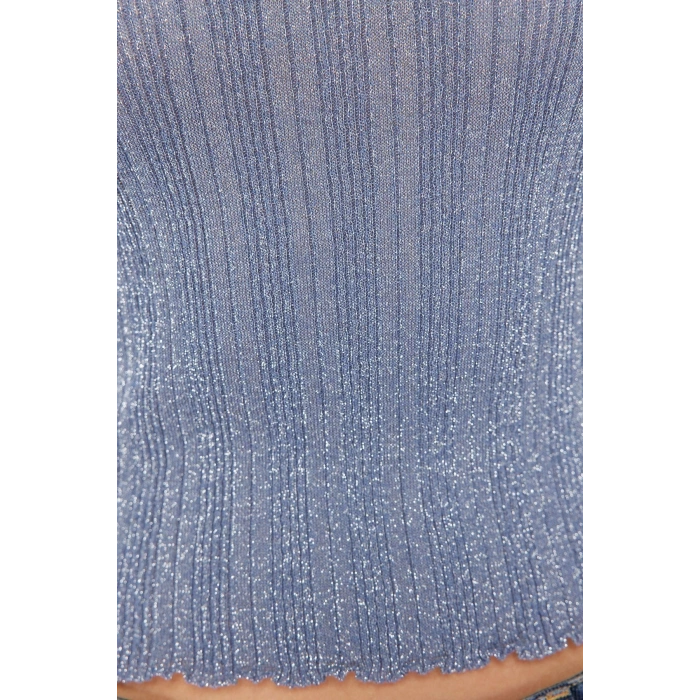 Womens Fashion Stylish Crew Neck Standard Sleeve Regular Glittery Sleeve Detailed T-Shirt Look Knitwear Sweater