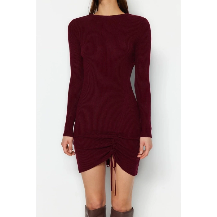 New Slim Day Night Single Plate Knitwear Crew Neck Long Sleeve Bodycon Mini Length Dress