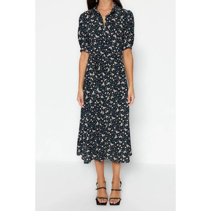 New Comfortable Casual Daily Shally Woven Shirt Collar Short Sleeve Shirt Dress Midi Length Dress