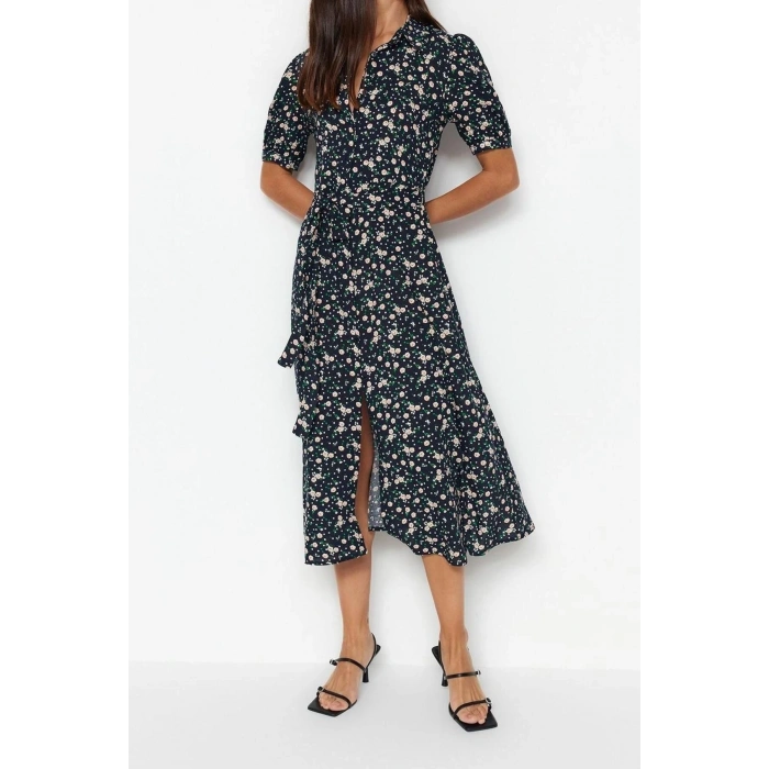New Comfortable Casual Daily Shally Woven Shirt Collar Short Sleeve Shirt Dress Midi Length Dress