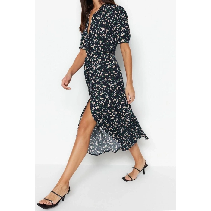 New Comfortable Casual Daily Shally Woven Shirt Collar Short Sleeve Shirt Dress Midi Length Dress