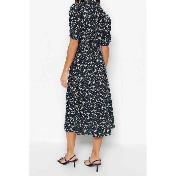 New Comfortable Casual Daily Shally Woven Shirt Collar Short Sleeve Shirt Dress Midi Length Dress