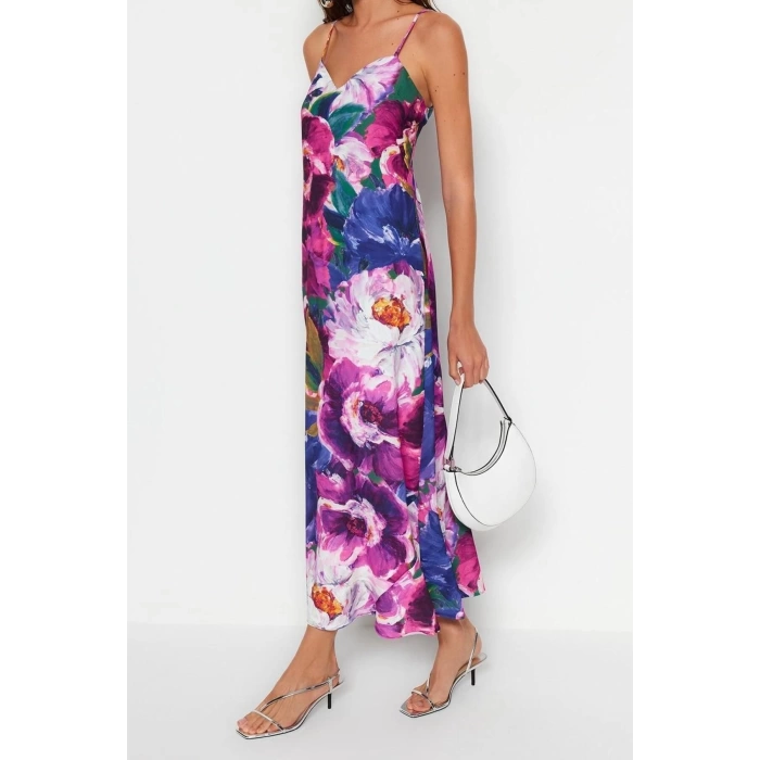 New Comfortable Day Night Matte Satin Woven V Neck Strap Sleeve A-Line Maxi Length Dress