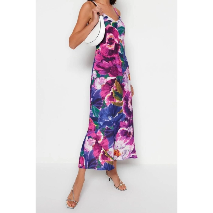 New Comfortable Day Night Matte Satin Woven V Neck Strap Sleeve A-Line Maxi Length Dress