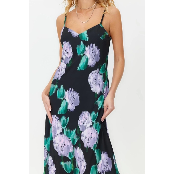 New Comfortable Day Night Matte Satin Woven V Neck Strap Sleeve A-Line Maxi Length Dress