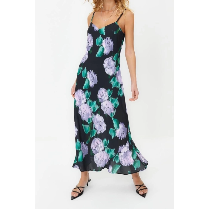 New Comfortable Day Night Matte Satin Woven V Neck Strap Sleeve A-Line Maxi Length Dress