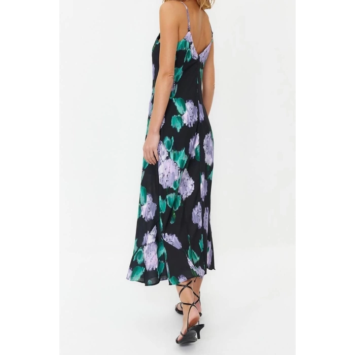 New Comfortable Day Night Matte Satin Woven V Neck Strap Sleeve A-Line Maxi Length Dress