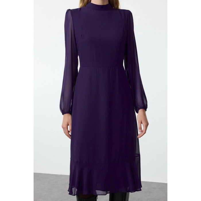 Women Fashion Stylish Midi Length Stand Collar Regular Pink 001 Plain Woven Winter Dress