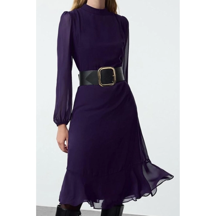 Women Fashion Stylish Midi Length Stand Collar Regular Pink 001 Plain Woven Winter Dress