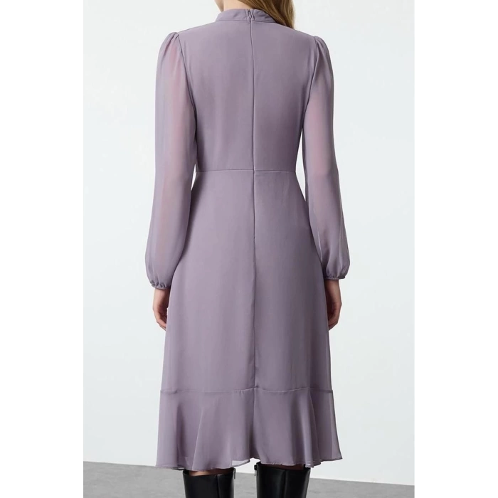 Women Fashion Stylish Midi Length Stand Collar Regular Pink 001 Plain Woven Winter Dress