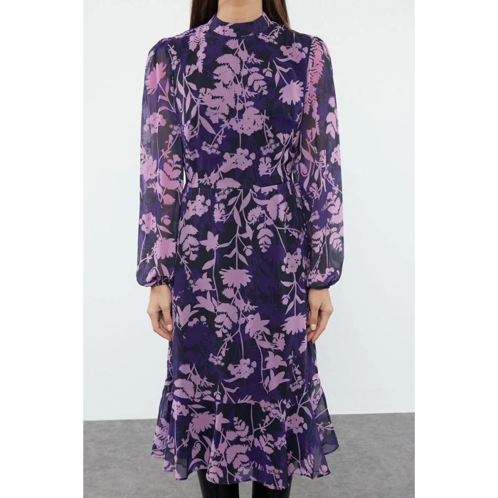 Women Fashion Stylish Midi Length Stand Collar Regular Pink 001 Plain Woven Winter Dress