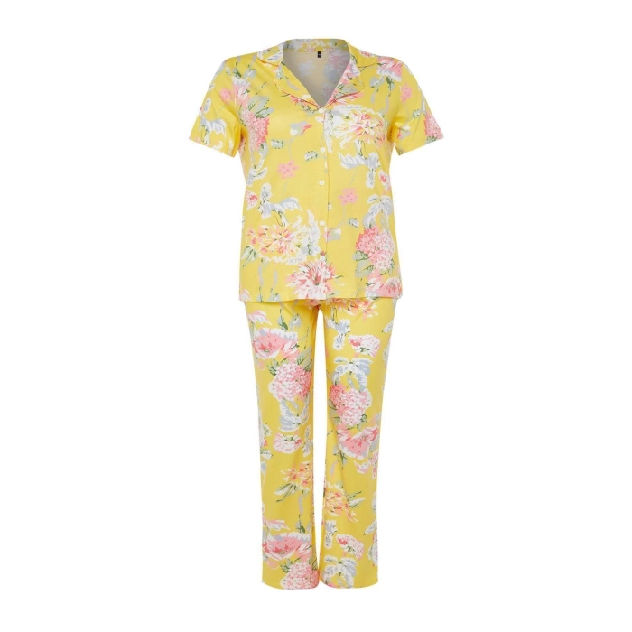 Plus Size Womens 100% Cotton Shirt Collar Short Sleeve Floral Patterned Shirt Collar Knitted Pajama Set