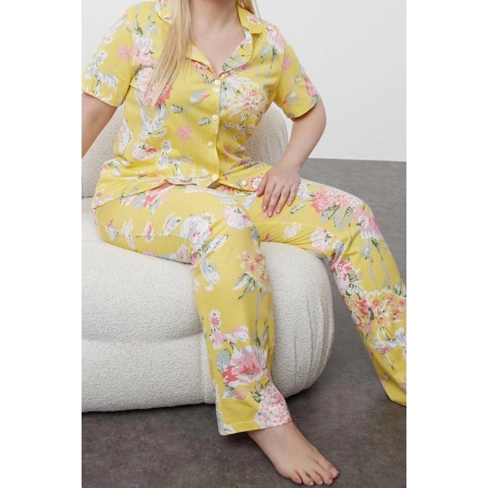 Plus Size Womens 100% Cotton Shirt Collar Short Sleeve Floral Patterned Shirt Collar Knitted Pajama Set