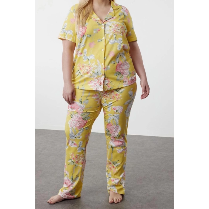 Plus Size Womens 100% Cotton Shirt Collar Short Sleeve Floral Patterned Shirt Collar Knitted Pajama Set