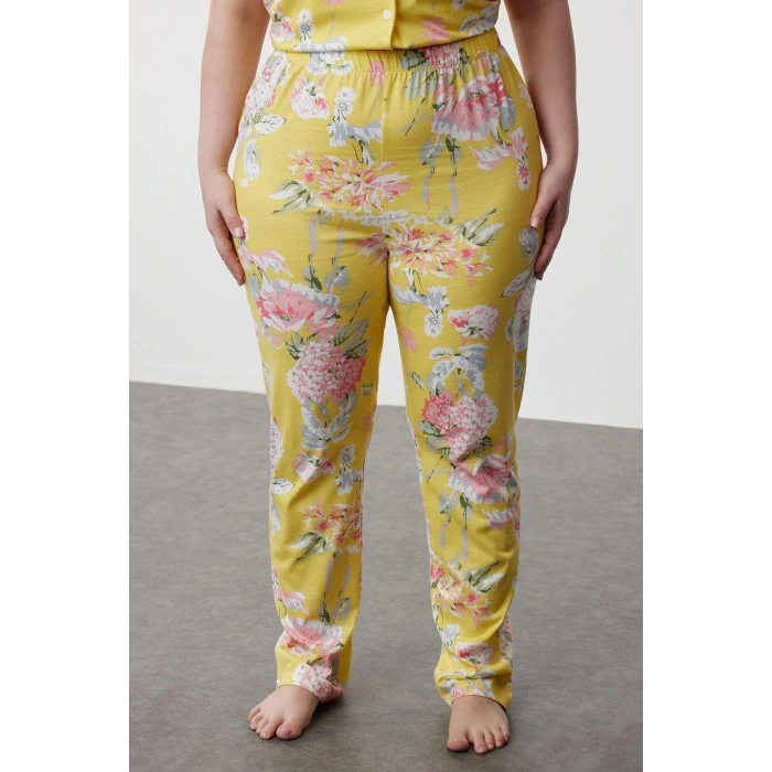 Plus Size Womens 100% Cotton Shirt Collar Short Sleeve Floral Patterned Shirt Collar Knitted Pajama Set
