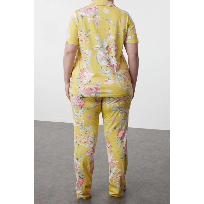 Plus Size Womens 100% Cotton Shirt Collar Short Sleeve Floral Patterned Shirt Collar Knitted Pajama Set