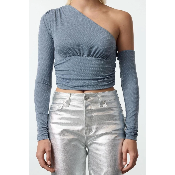 Stil Kadın Tek Omuz Parıltılı Simli Büstiyer Crop Örme Fitted Kalıp