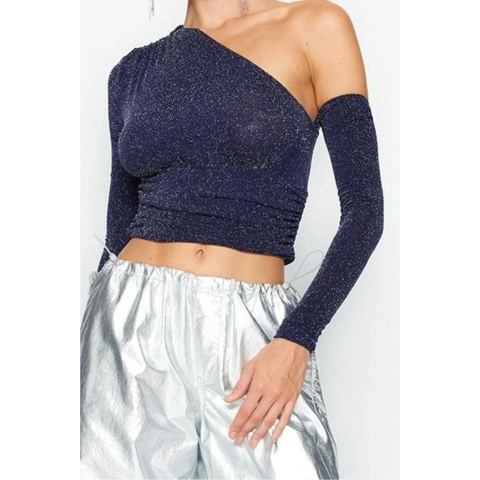 Stil Kadın Tek Omuz Parıltılı Simli Büstiyer Crop Örme Fitted Kalıp
