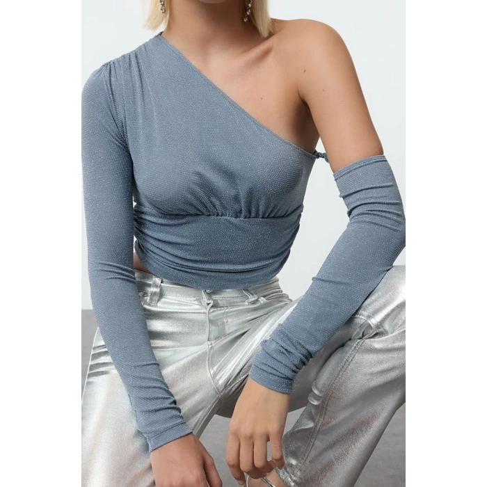 Stil Kadın Tek Omuz Parıltılı Simli Büstiyer Crop Örme Fitted Kalıp