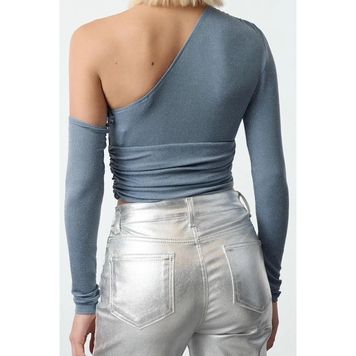 Stil Kadın Tek Omuz Parıltılı Simli Büstiyer Crop Örme Fitted Kalıp