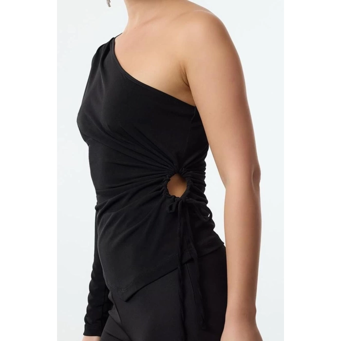 Stil Kadın Cut-Out Pencere Detaylı Bluz Regular Örme Fitted Kalıp Tek Kol