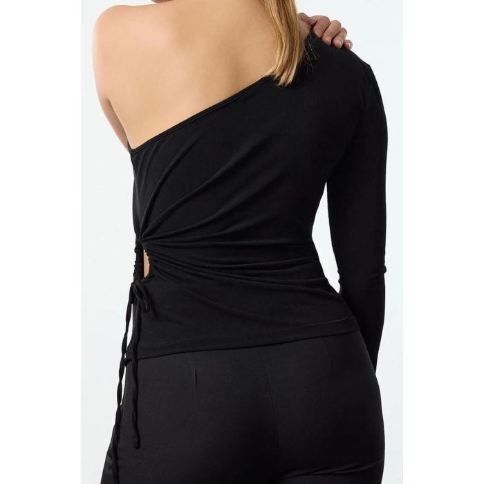 Stil Kadın Cut-Out Pencere Detaylı Bluz Regular Örme Fitted Kalıp Tek Kol