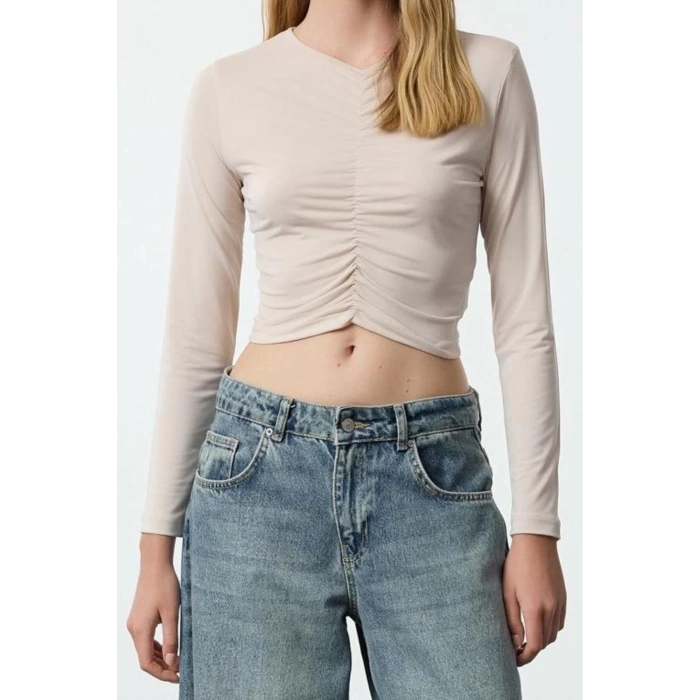 Stil Kadın Fitted Vücuda Oturan Büzgü Detaylı Crop Esnek Bluz Super Crop Örme Slim Kalıp